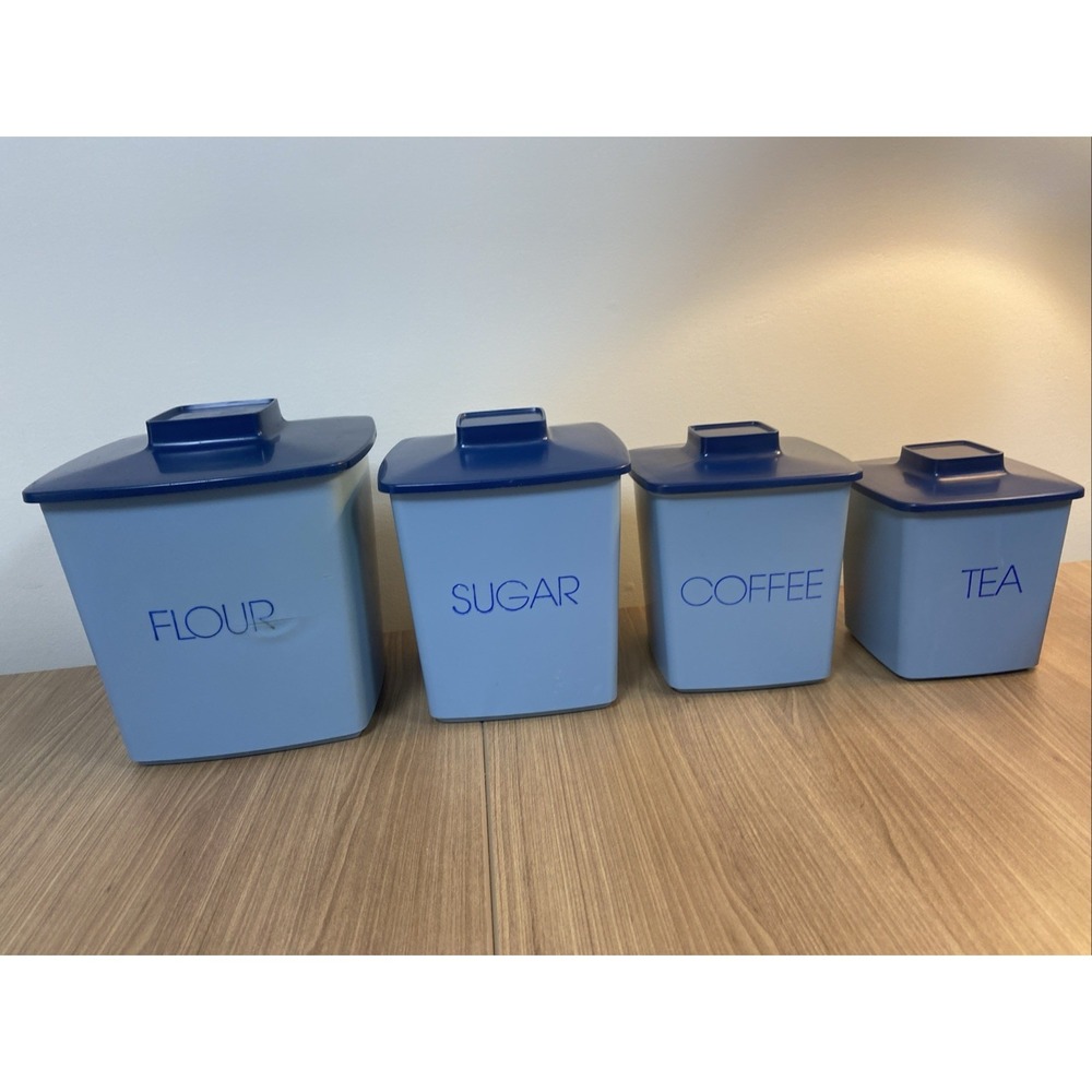 Vintage 1970s Tucker Housewares 4 piece Plastic Blue Canister Nesting Set MCM